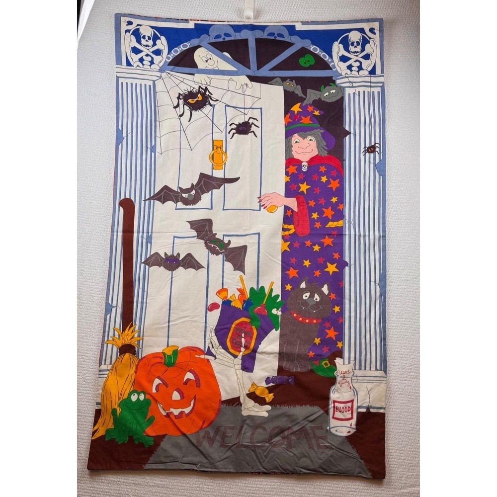 Vintage Handmade Halloween Wall Hanging 55in Witch Pumpkin Cat Double Sided Flaw